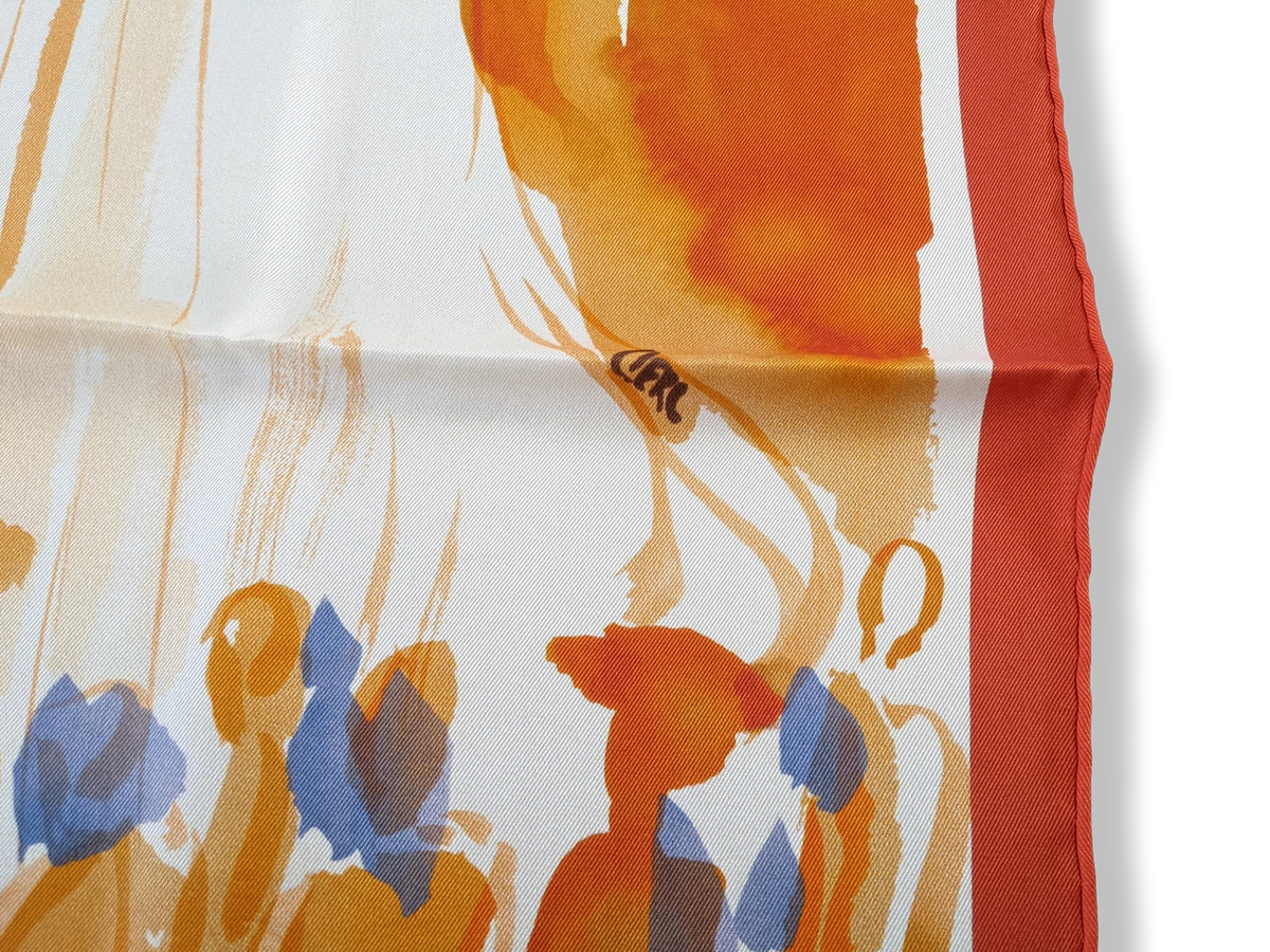 Hermes 2010 Orange/Bleu Jeans/Ivoire "Sur les Rives du Lac Leman" by Jean-Louis Clerc Vintage Silk 70cm Carre