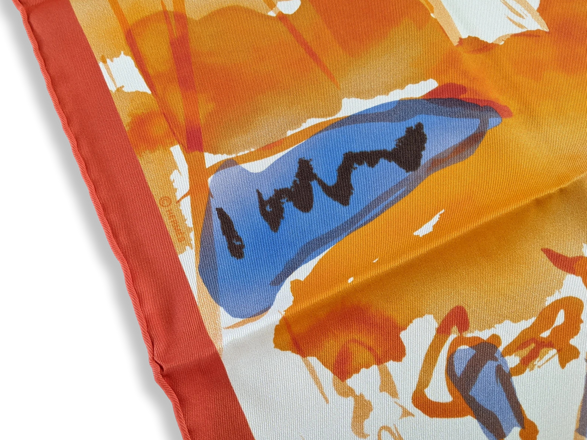 Hermes 2010 Orange/Bleu Jeans/Ivoire "Sur les Rives du Lac Leman" by Jean-Louis Clerc Vintage Silk 70cm Carre