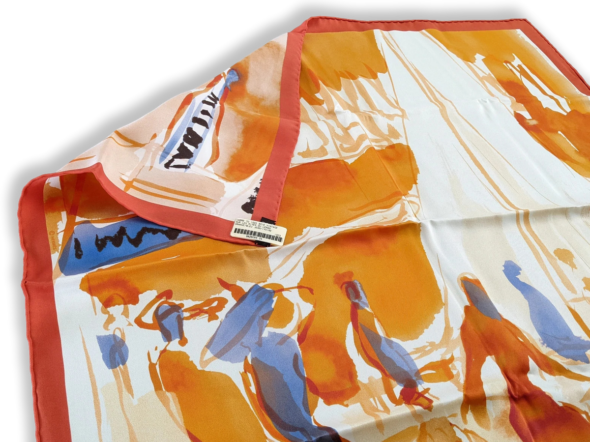 Hermes 2010 Orange/Bleu Jeans/Ivoire "Sur les Rives du Lac Leman" by Jean-Louis Clerc Vintage Silk 70cm Carre