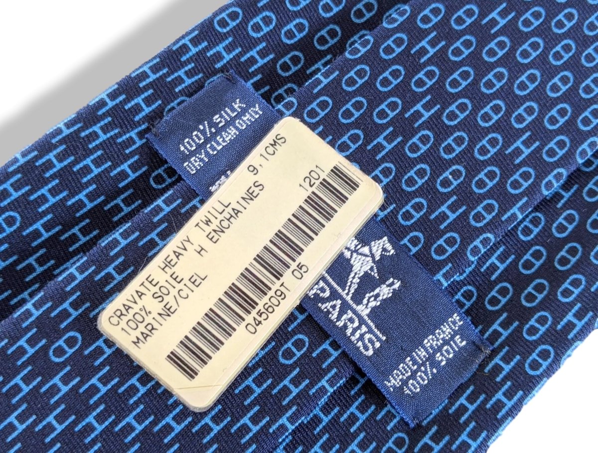 Hermes [T10] Navy/Sky H ENCHAINES Heavy Twill Silk Tie 9 cm, BNWT! - poupishop