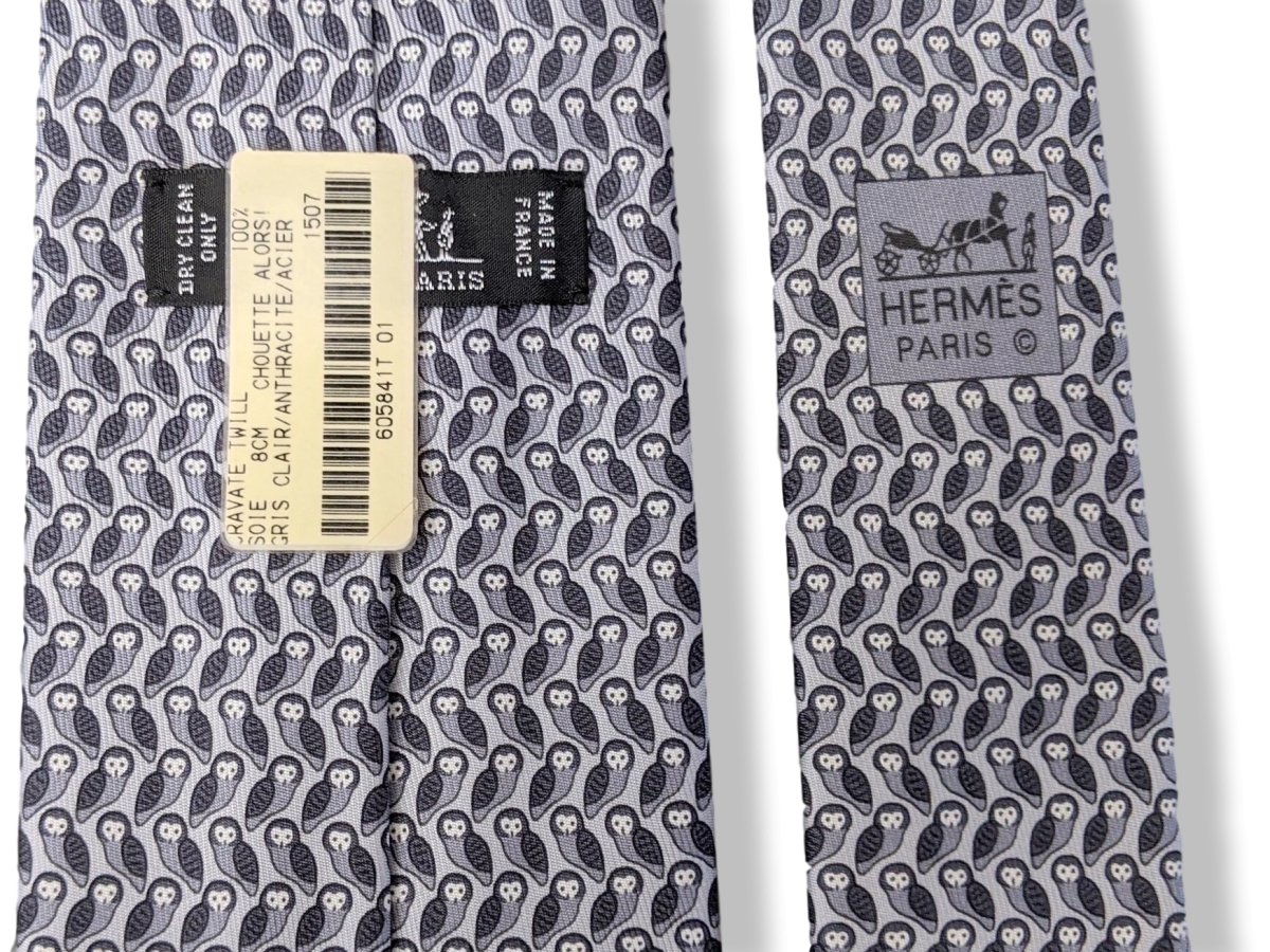 Hermes [T27] Gris Clair/Anthracite/Acier CHOUETTES Owls Twill Silk Tie 8 cm, BNWT! - poupishop