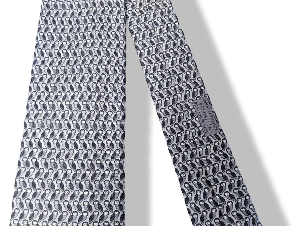 Hermes [T27] Gris Clair/Anthracite/Acier CHOUETTES Owls Twill Silk Tie 8 cm, BNWT! - poupishop