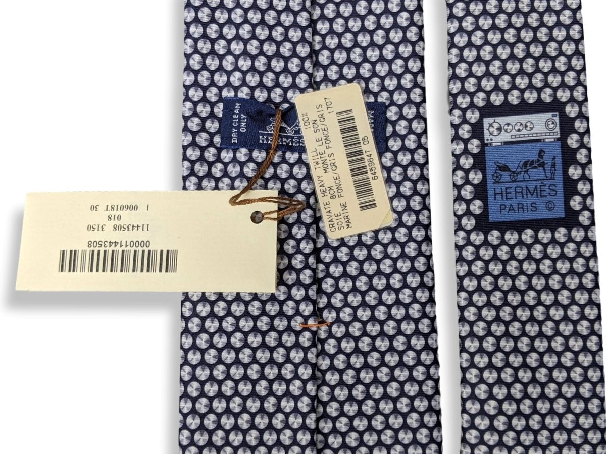 Hermes [T28] Marine Fonce/Gris Fonce/Gris MONTE LE SON Up de Volume Heavy Twill Silk Tie 8 cm, BNWT! - poupishop