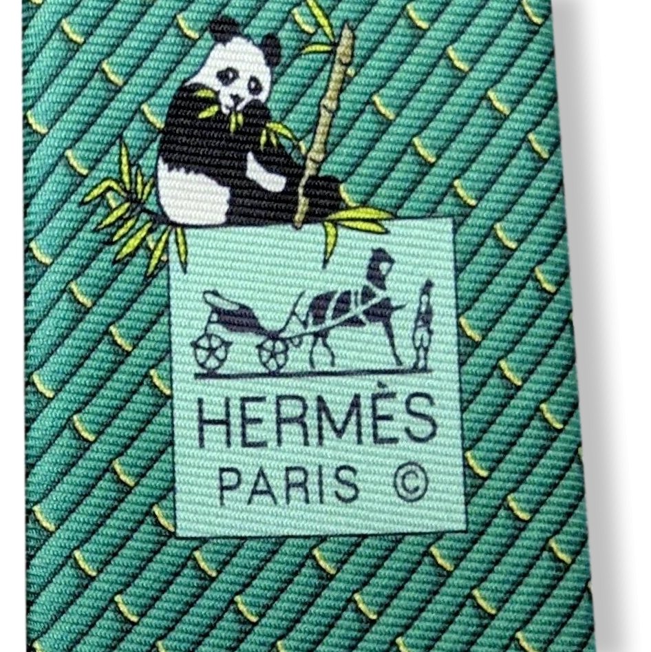 Hermes [T30] Vert Menthe/Anis Panda BAMBOU DELICE Heavy Twill Silk Tie 8cm, BNWT! - poupishop