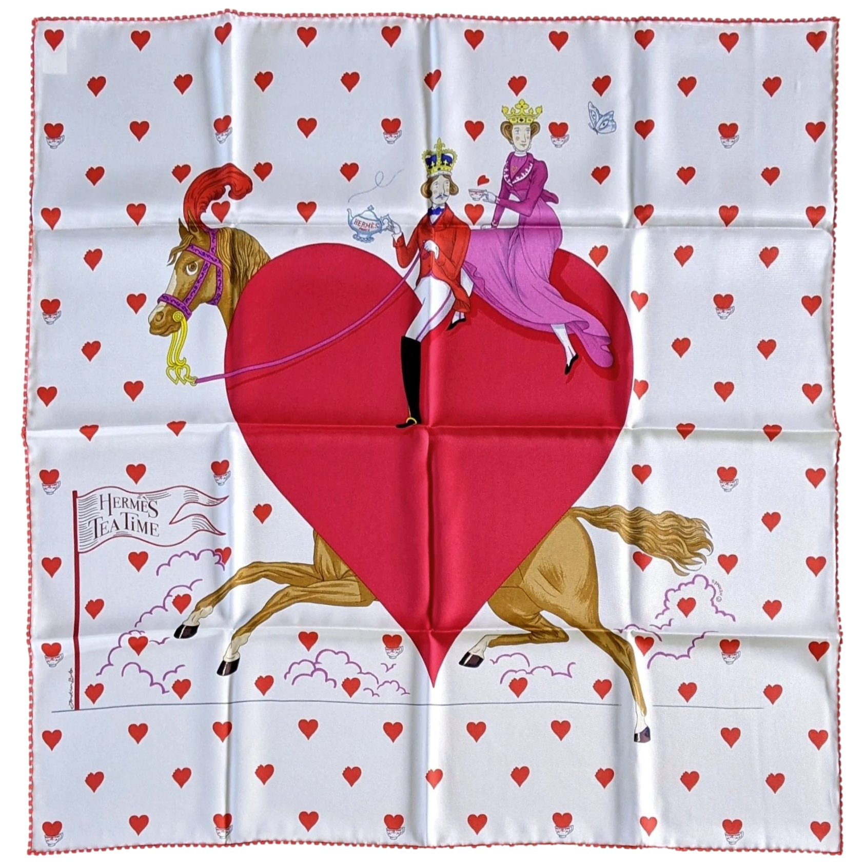Hermes [C206] Blanc/Framboise/Rouge "Tea Time" by Jonathan Burton Vintage Silk 70 cm