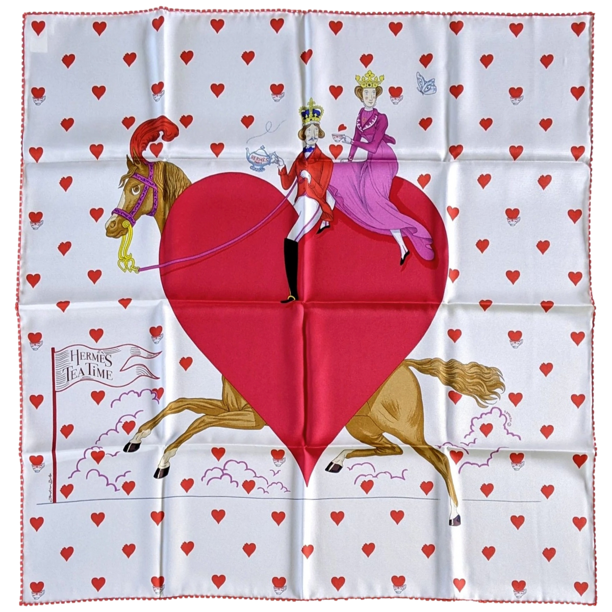 Hermes [C206B] Blanc/Framboise/Rouge "Tea Time" by Jonathan Burton Vintage Silk 70 cm