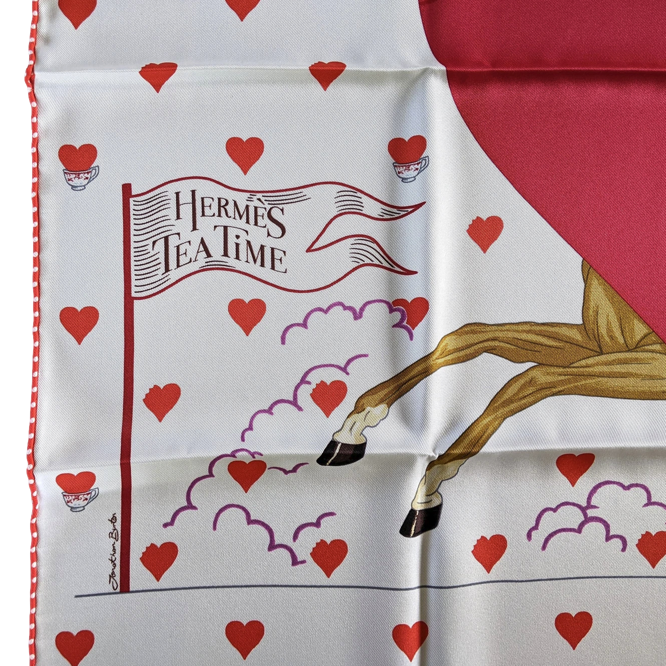 Hermes [C206] Blanc/Framboise/Rouge "Tea Time" by Jonathan Burton Vintage Silk 70 cm