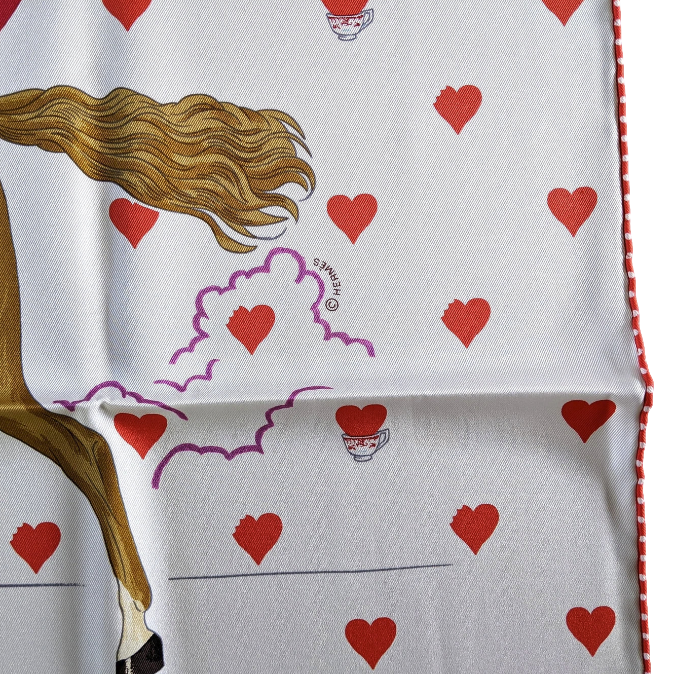 Hermes [C206] Blanc/Framboise/Rouge "Tea Time" by Jonathan Burton Vintage Silk 70 cm