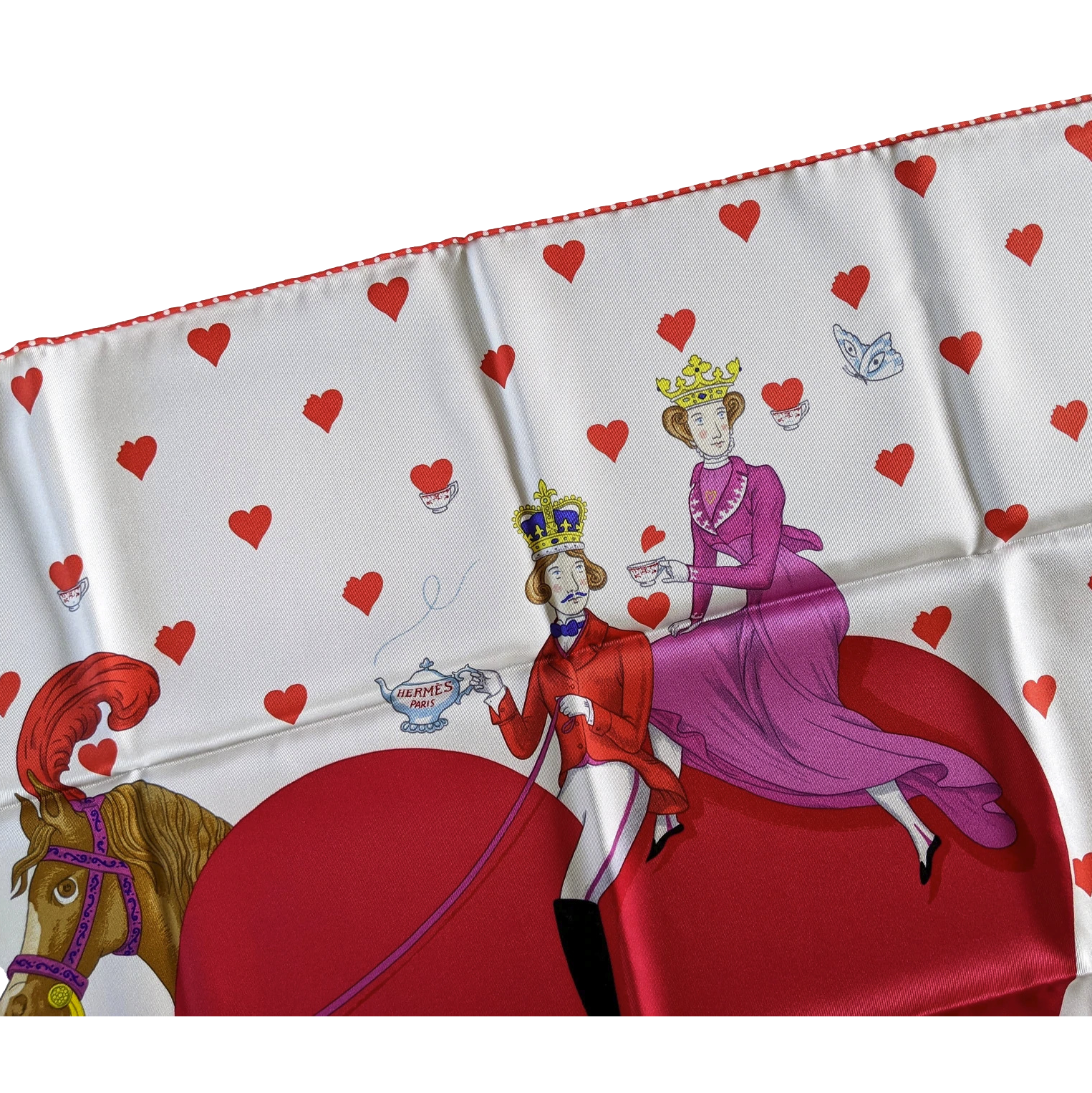 Hermes [C206] Blanc/Framboise/Rouge "Tea Time" by Jonathan Burton Vintage Silk 70 cm