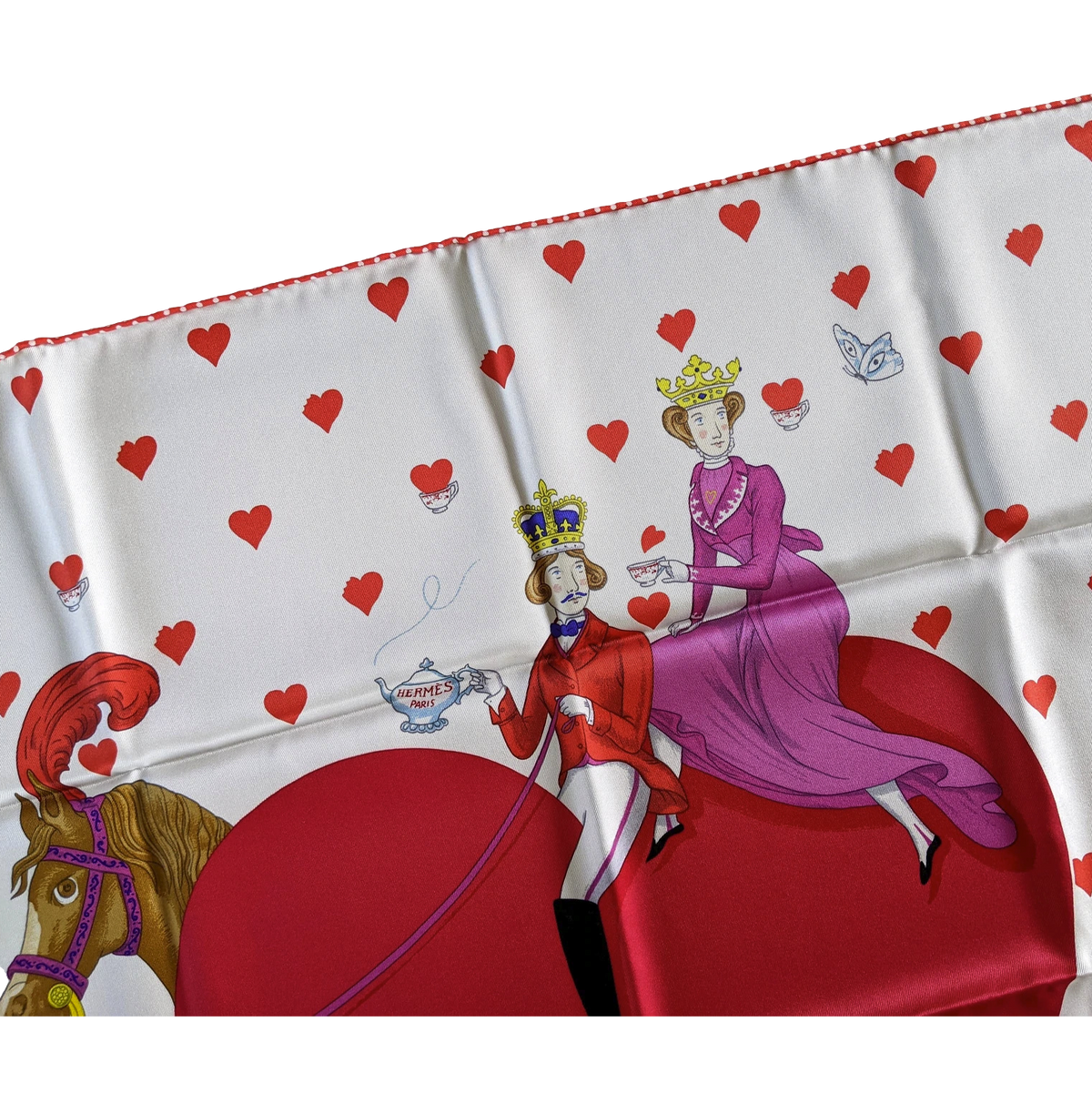Hermes [C206B] Blanc/Framboise/Rouge "Tea Time" by Jonathan Burton Vintage Silk 70 cm