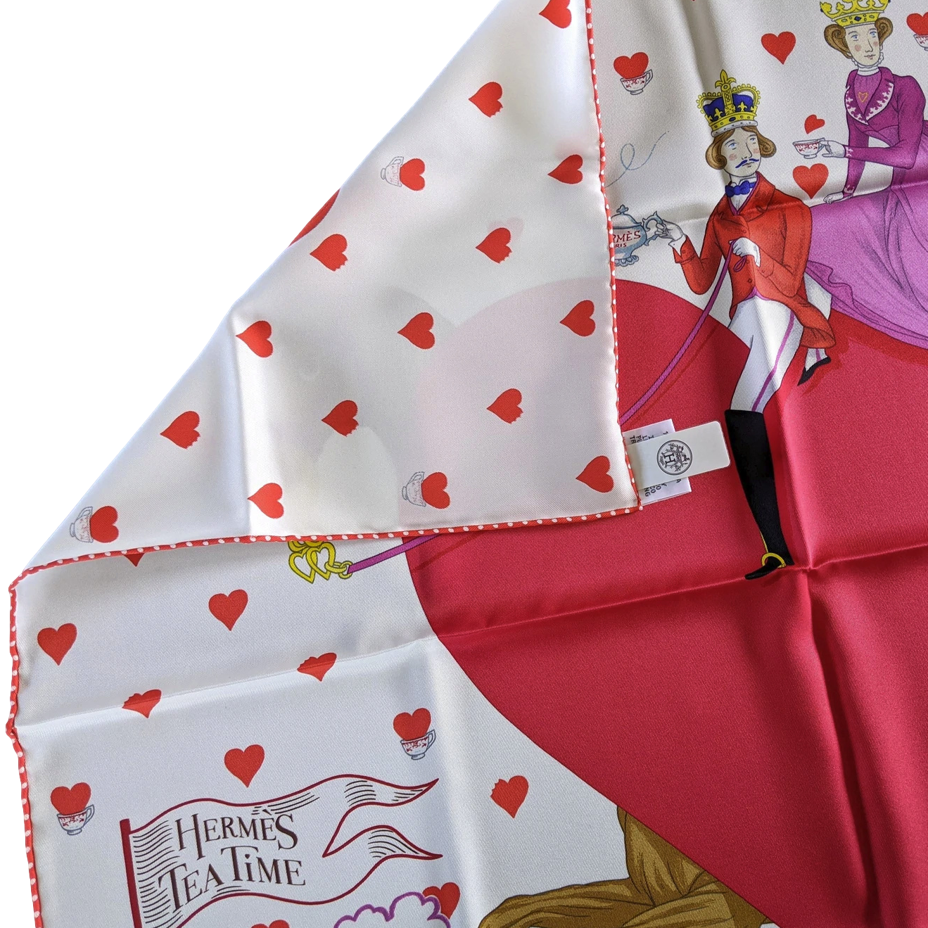 Hermes [C206] Blanc/Framboise/Rouge "Tea Time" by Jonathan Burton Vintage Silk 70 cm
