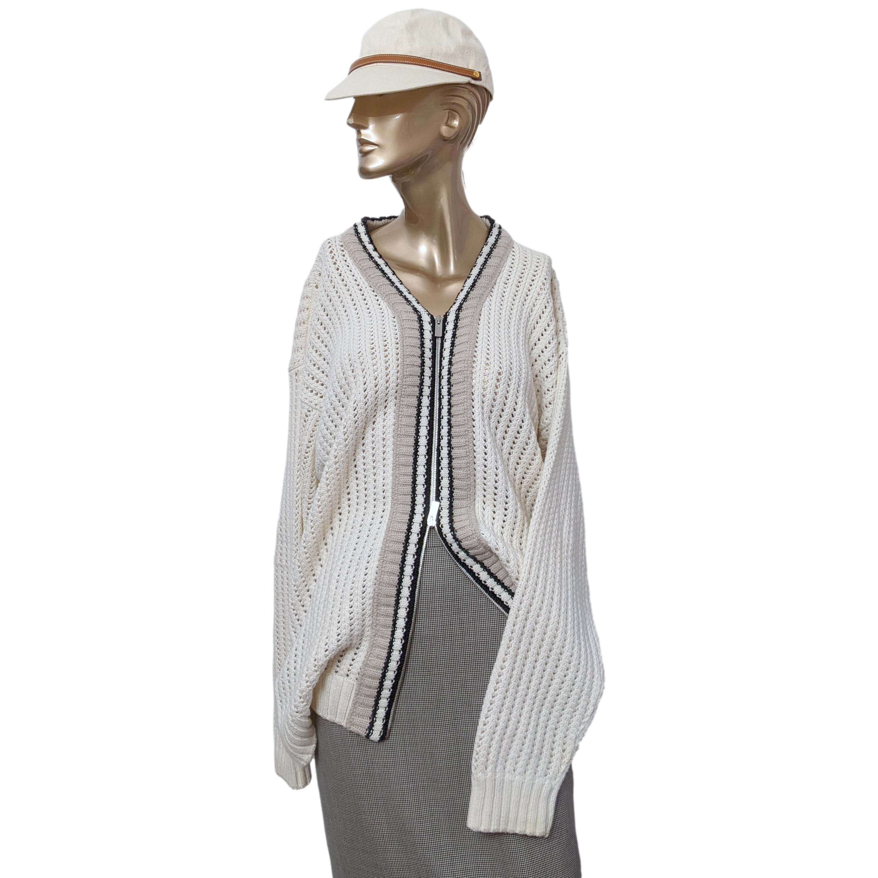 Hermes Men's Blanc/Noir/Beige Cashmere/Cotton Tennis Long-Sleeve V-Neck Cardigan SzXL