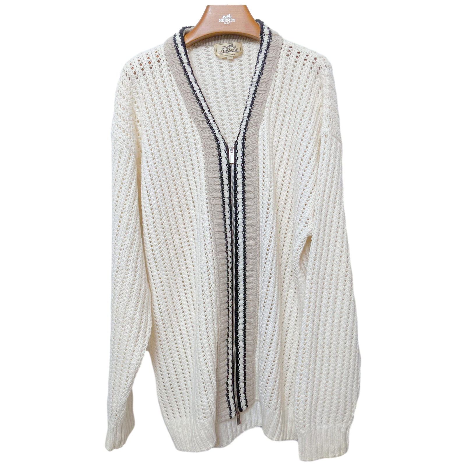 Hermes Men's Blanc/Noir/Beige Cashmere/Cotton Tennis Long-Sleeve V
