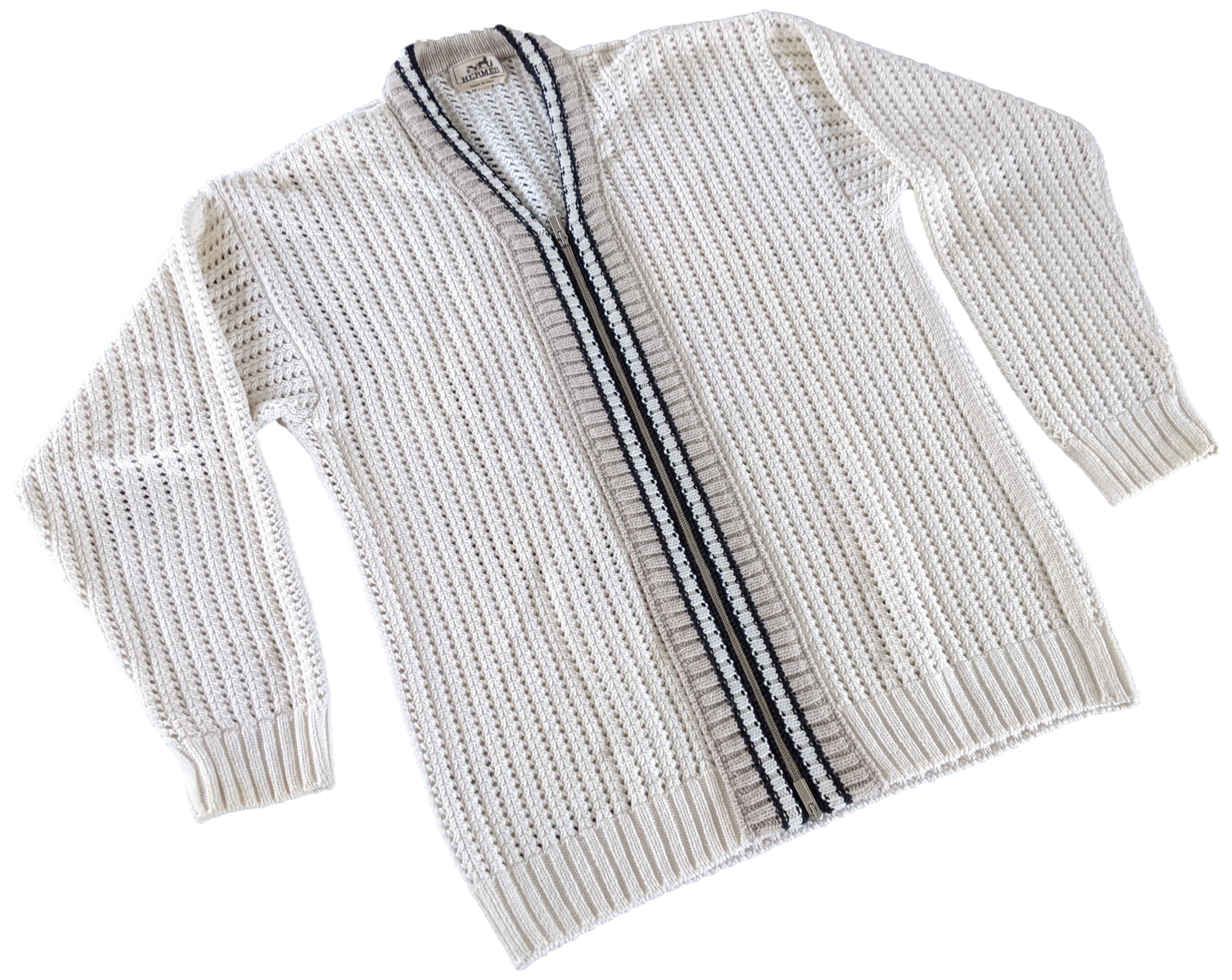 Hermes Men's Blanc/Noir/Beige Cashmere/Cotton Tennis Long-Sleeve V-Neck Cardigan SzXL