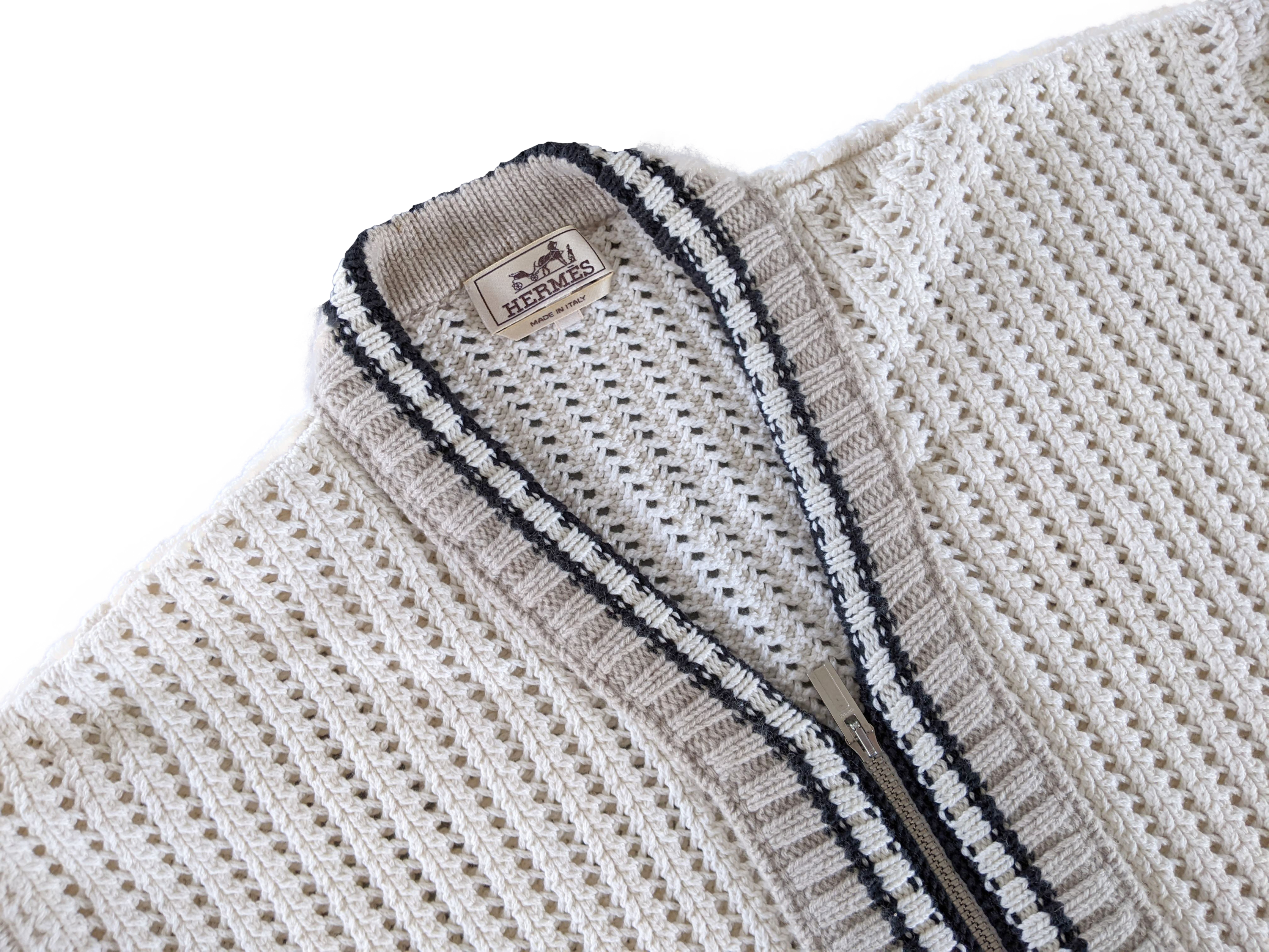 Hermes Men's Blanc/Noir/Beige Cashmere/Cotton Tennis Long-Sleeve V-Neck Cardigan SzXL