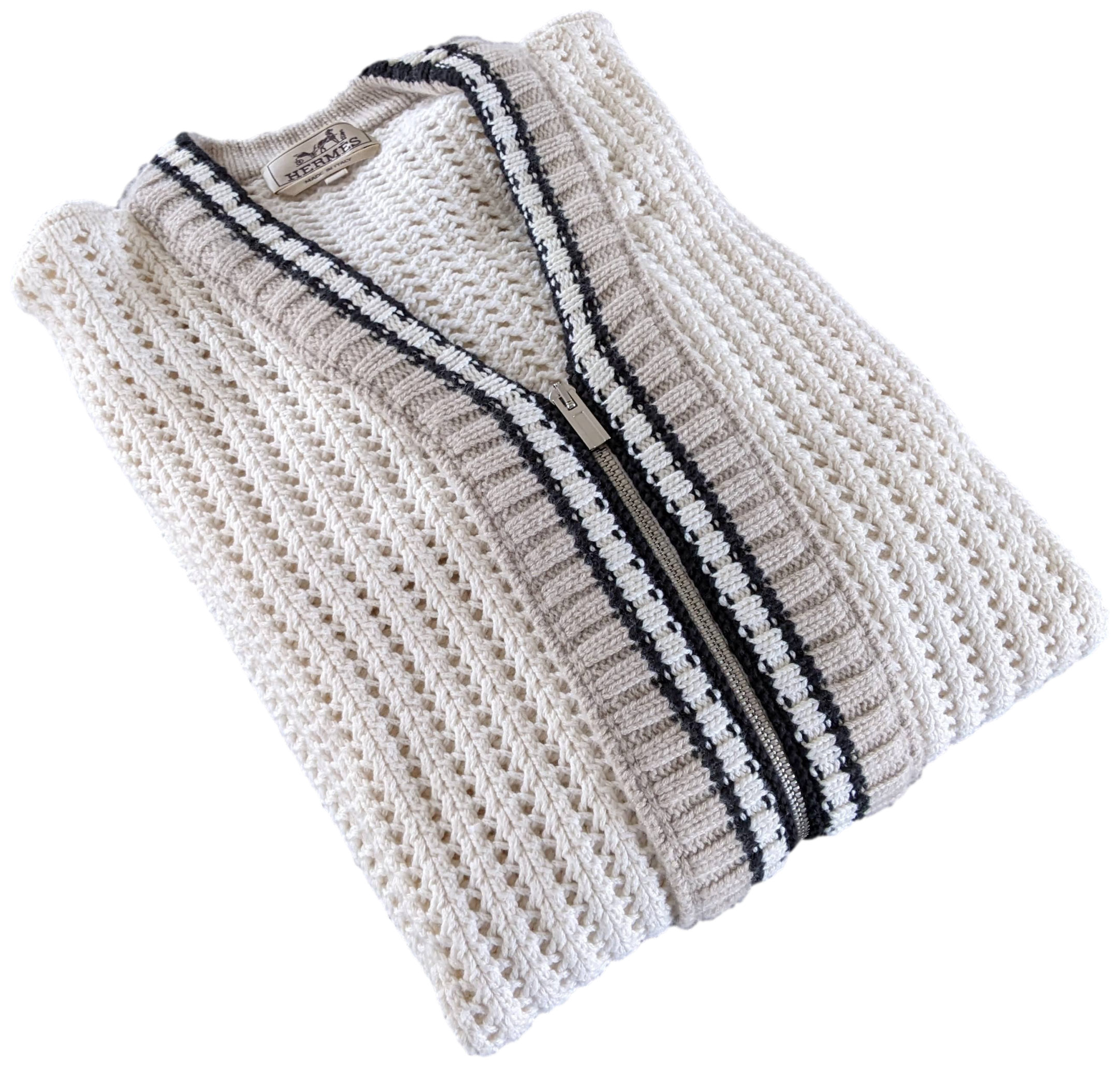 Hermes Men's Blanc/Noir/Beige Cashmere/Cotton Tennis Long-Sleeve V-Neck Cardigan SzXL
