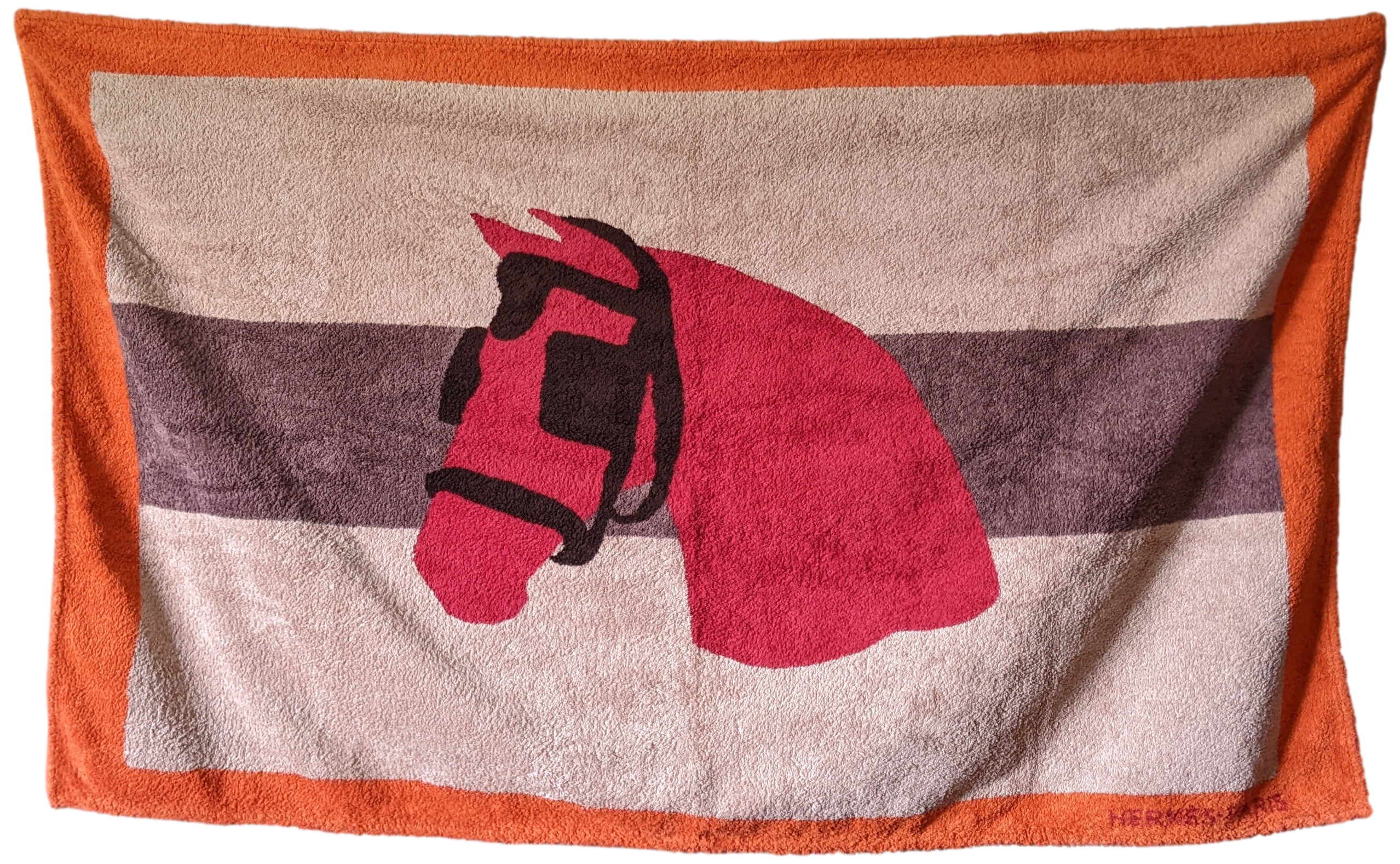 Hermes Orange/Beige "Tete de Cheval" Cotton Terry Beach Towel 90 x 150 cm