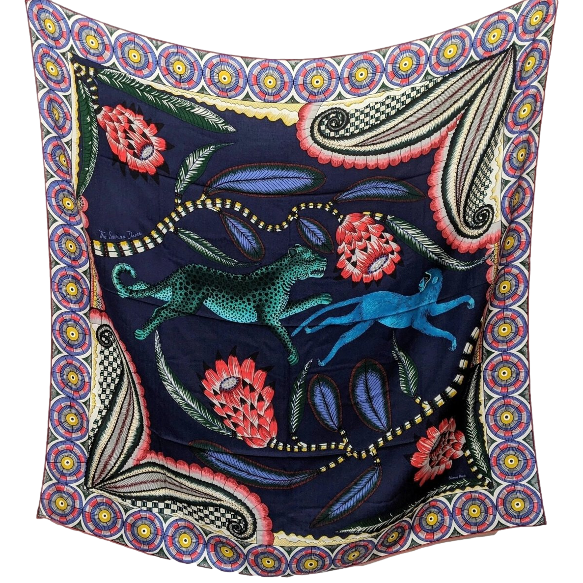 Hermes 2016 Marine/Vert/Corail THE SAVANA DANCE by Ardmore Artists Cashmere Shawl 140