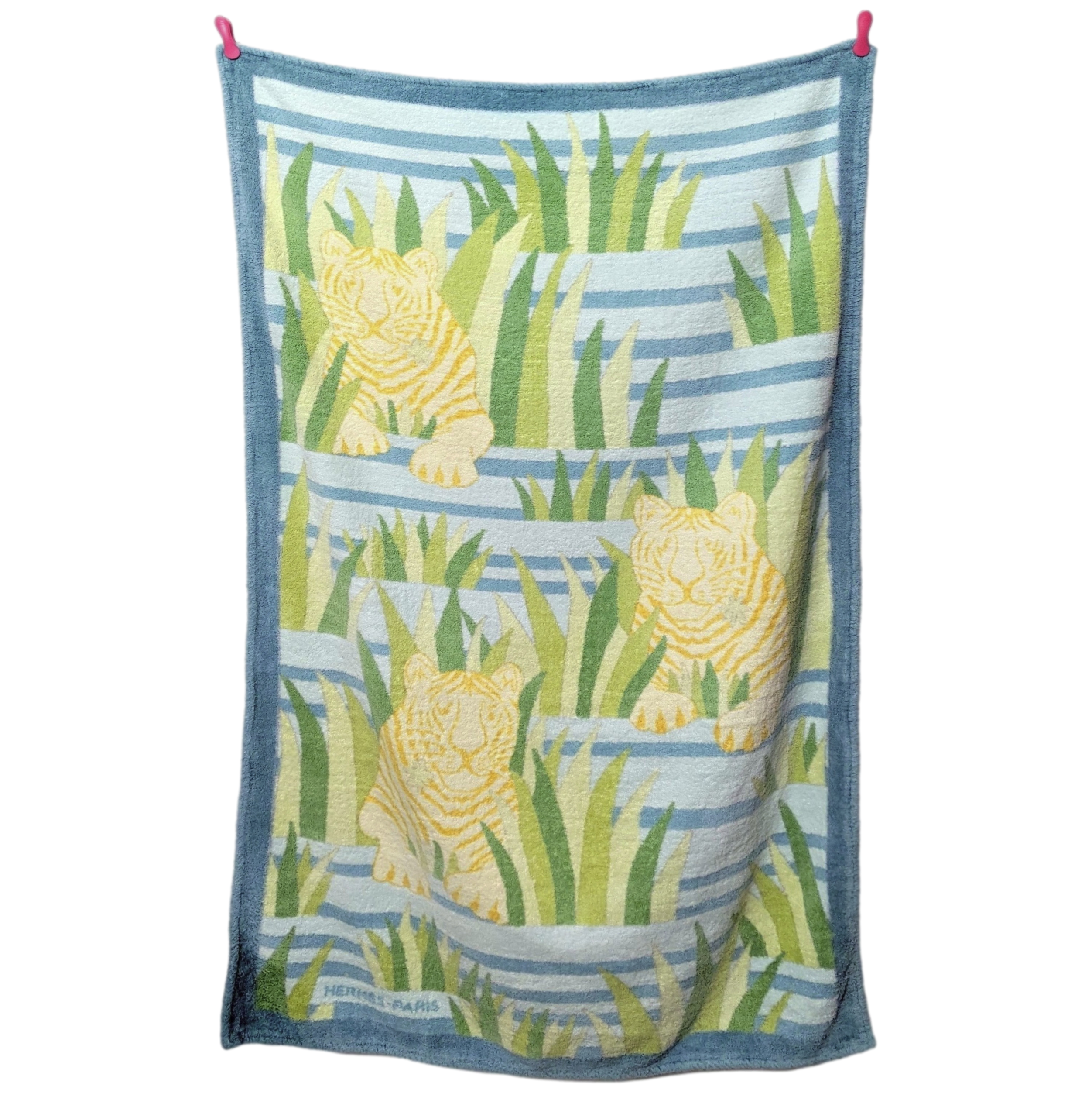 Hermes Light Turquoise "Tigres dans les Bles" Tapis de Plage Terry Beach Towel 90 x 150 cm