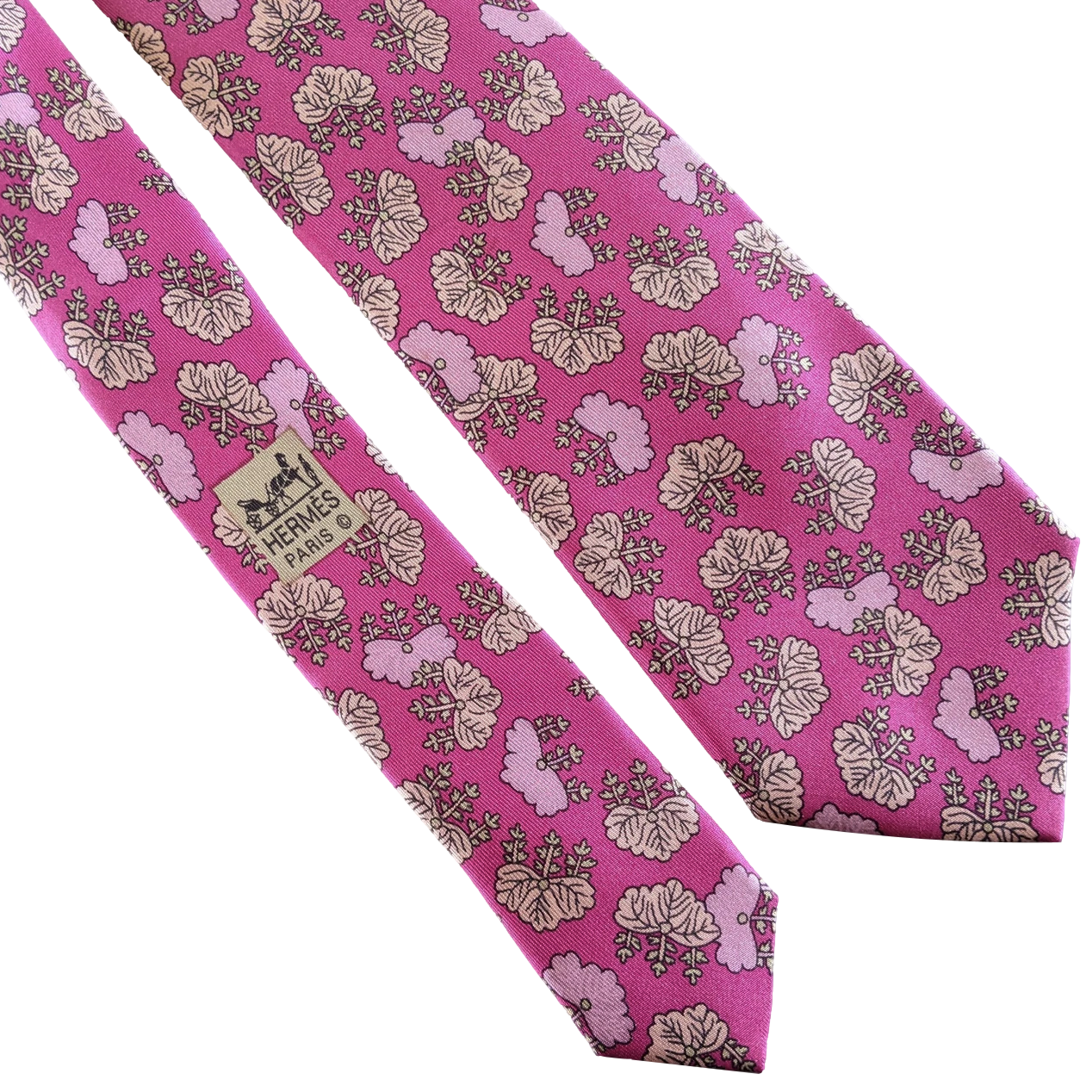 Hermes Framboise/Old Pink "Trees" Twill Silk Tie 8cm Ref. 7288 EA