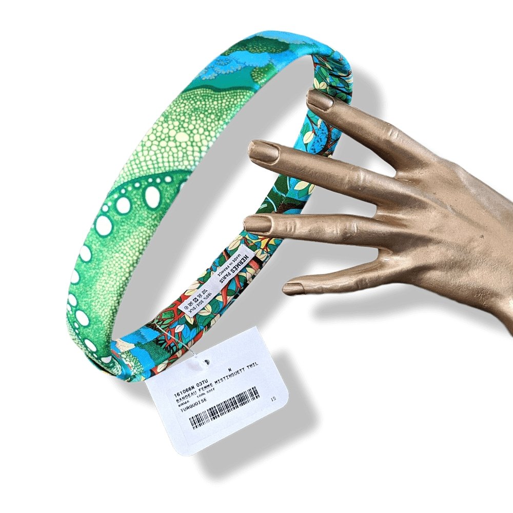 Hermes Turquoise BANDEAU FEMME MISTINGUETTE model AU COEUR DE LA VIE Adjustable Headband Hair Band 100% Silk, BNWIB! - poupishop