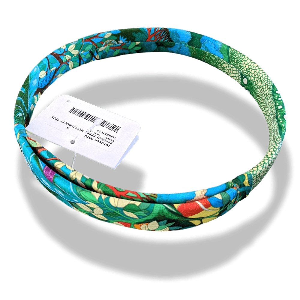 Hermes Turquoise BANDEAU FEMME MISTINGUETTE model AU COEUR DE LA VIE Adjustable Headband Hair Band 100% Silk, BNWIB! - poupishop