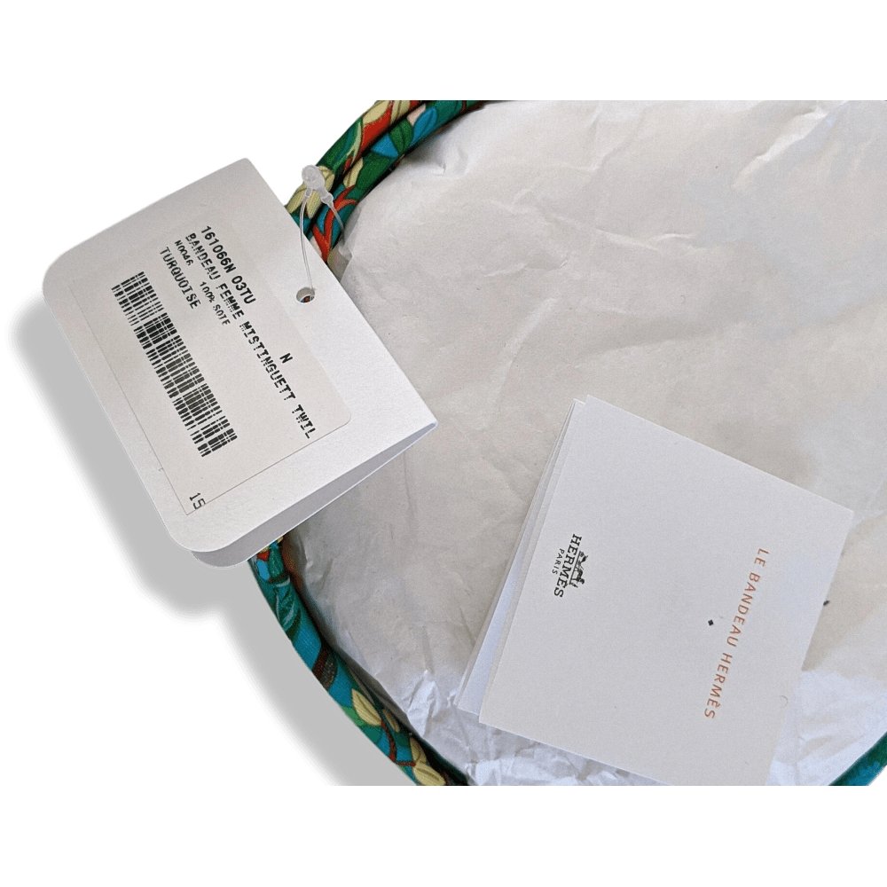 Hermes Turquoise BANDEAU FEMME MISTINGUETTE model AU COEUR DE LA VIE Adjustable Headband Hair Band 100% Silk, BNWIB! - poupishop