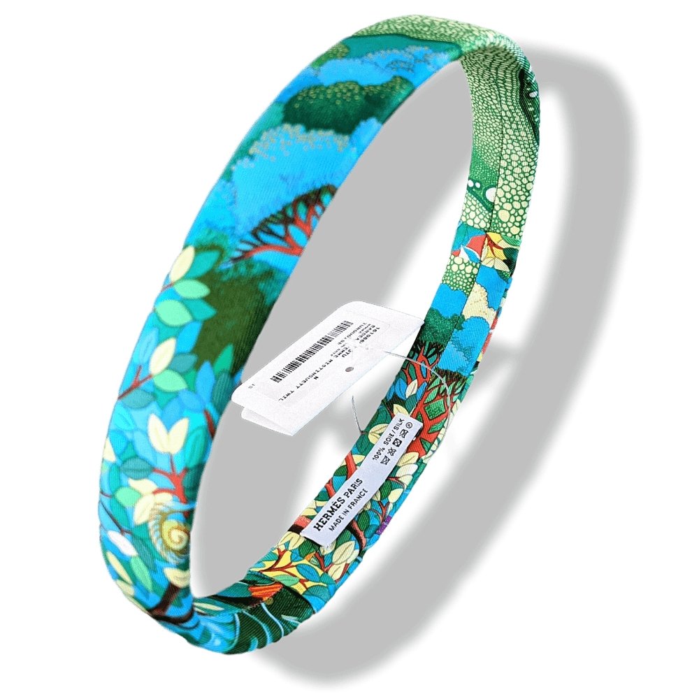 Hermes Turquoise BANDEAU FEMME MISTINGUETTE model AU COEUR DE LA VIE Adjustable Headband Hair Band 100% Silk, BNWIB! - poupishop