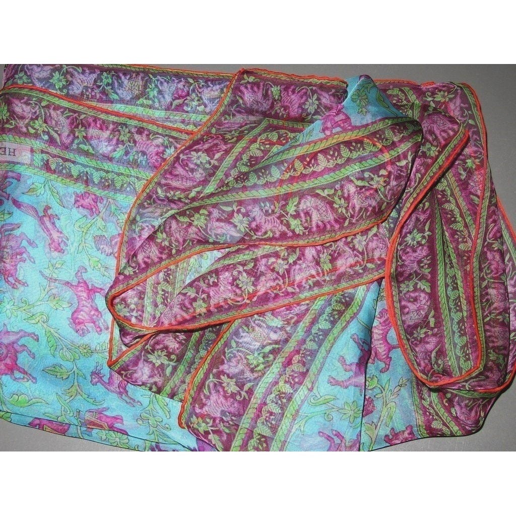 Hermes Turquoise Chasse en Inde Mousseline Stole 76" x 27" - poupishop