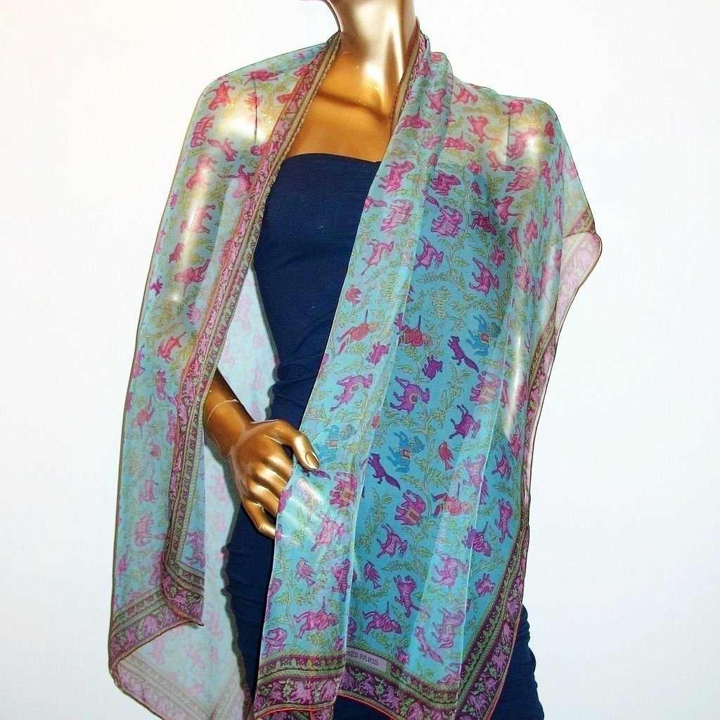 Hermes Turquoise Chasse en Inde Mousseline Stole 76" x 27" - poupishop