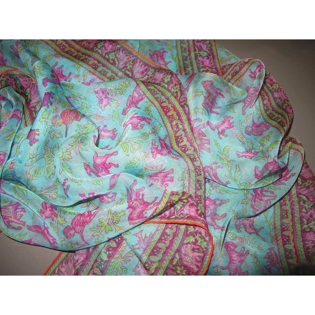 Hermes Turquoise Chasse en Inde Mousseline Stole 76" x 27" - poupishop