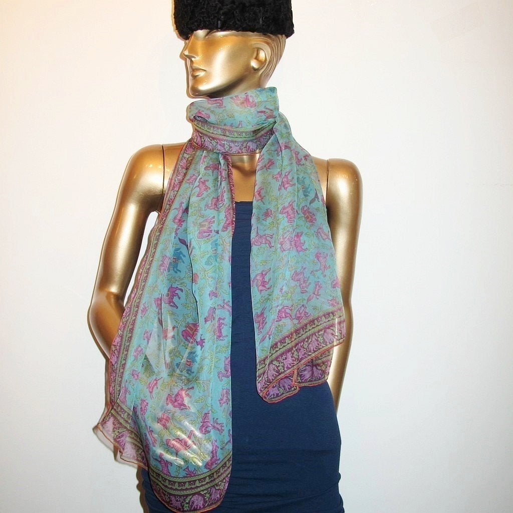 Hermes Turquoise Chasse en Inde Mousseline Stole 76" x 27" - poupishop