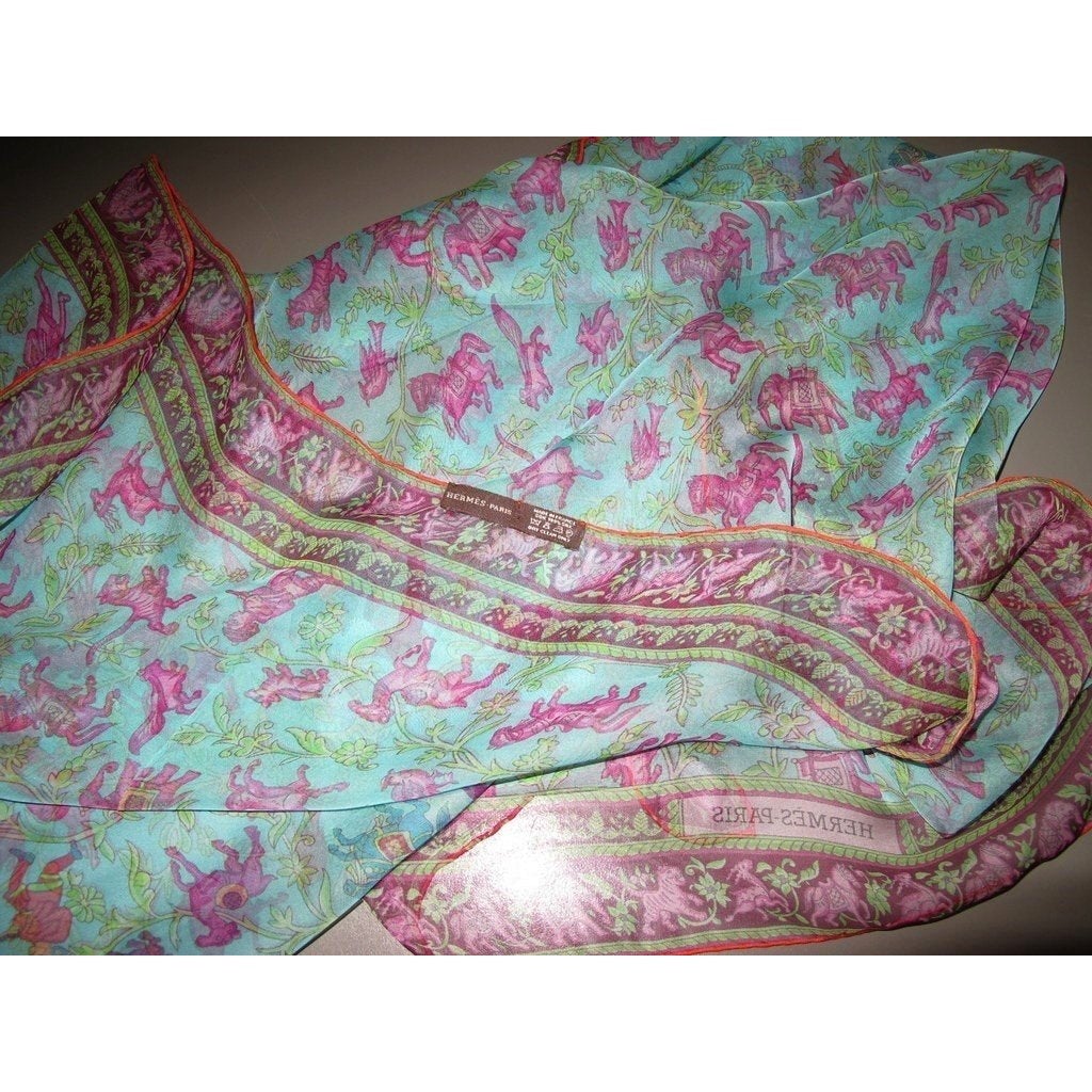 Hermes Turquoise Chasse en Inde Mousseline Stole 76" x 27" - poupishop