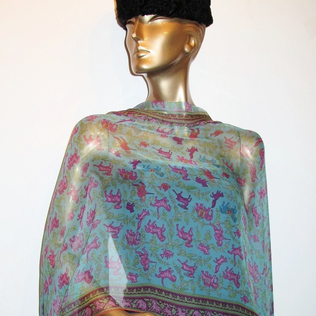 Hermes Turquoise Chasse en Inde Mousseline Stole 76" x 27" - poupishop