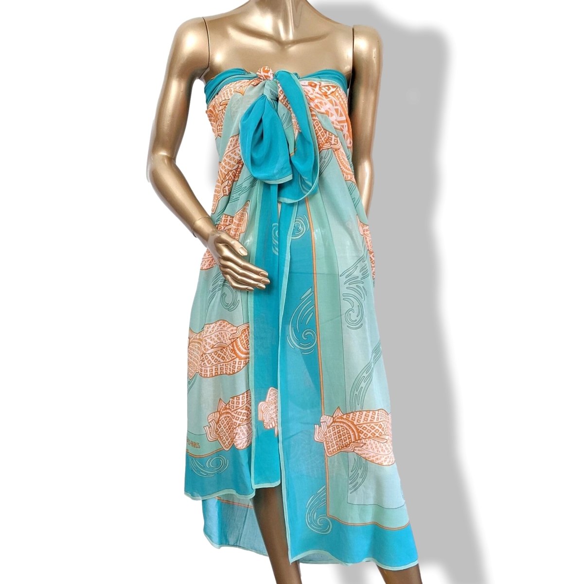 Hermes Turquoise/Orange KOI Fishes Cotton Huge Cotton Pareo, Superb palette! - poupishop