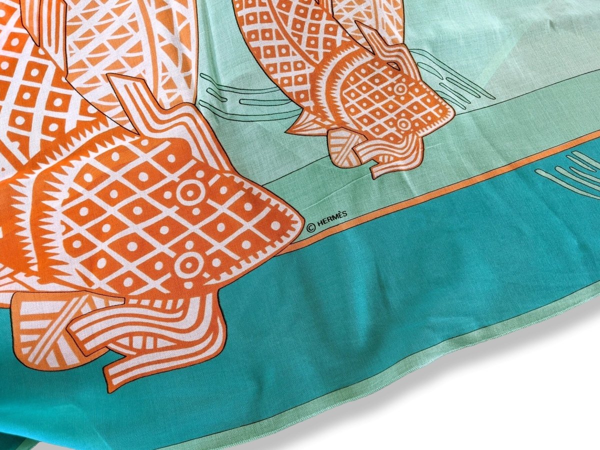 Hermes Turquoise/Orange KOI Fishes Cotton Huge Cotton Pareo, Superb palette! - poupishop