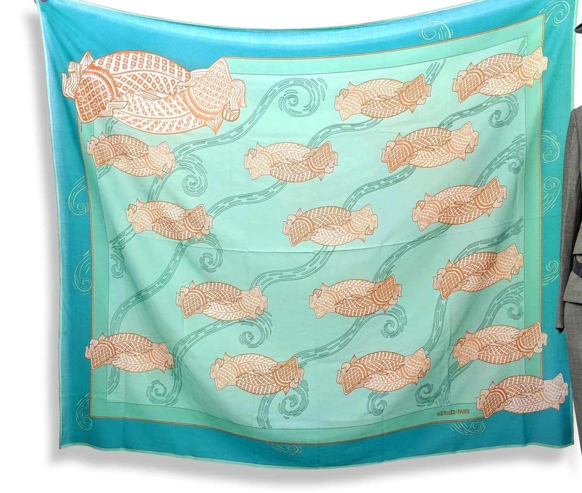 Hermes Turquoise/Orange KOI Fishes Cotton Huge Cotton Pareo, Superb palette! - poupishop