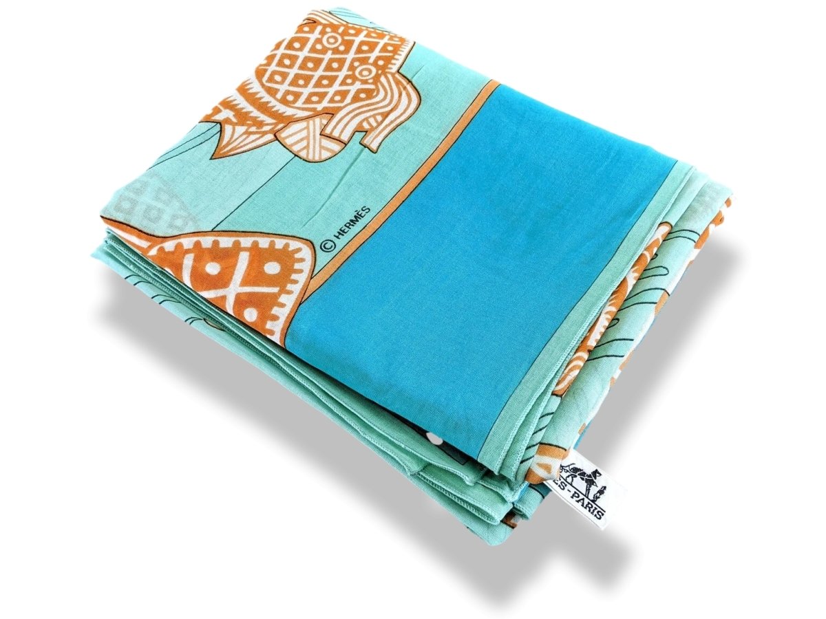 Hermes Turquoise/Orange KOI Fishes Cotton Huge Cotton Pareo, Superb palette! - poupishop