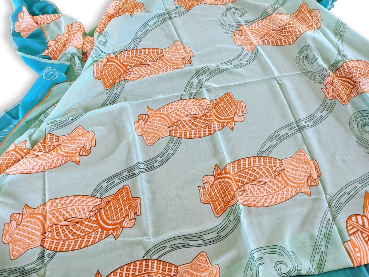 Hermes Turquoise/Orange KOI Fishes Cotton Huge Cotton Pareo, Superb palette! - poupishop