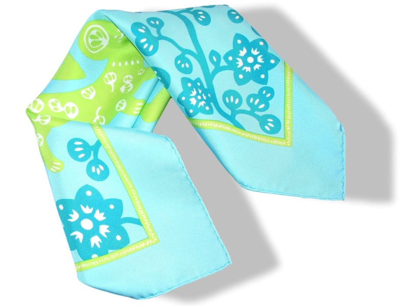 Hermes Turquoise/Vert Vif/Aqua Chinese Zodiac L'ANNEE DU RAT Gavroche Pocket Scarf 45 - poupishop