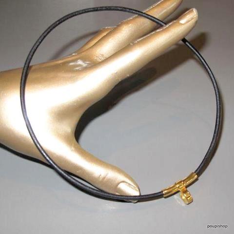 Hermes Unisex Black Leather & Plated Gold Necklace Quitte ou Double, New! - poupishop
