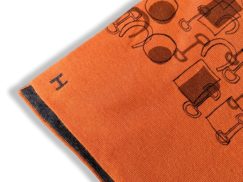 Hermes Unisex Orange/Gris Printed ALLER RETOUR MORS MUFFLER 70% Maille Cashmere Stole 30 x 180 cm, New! - poupishop