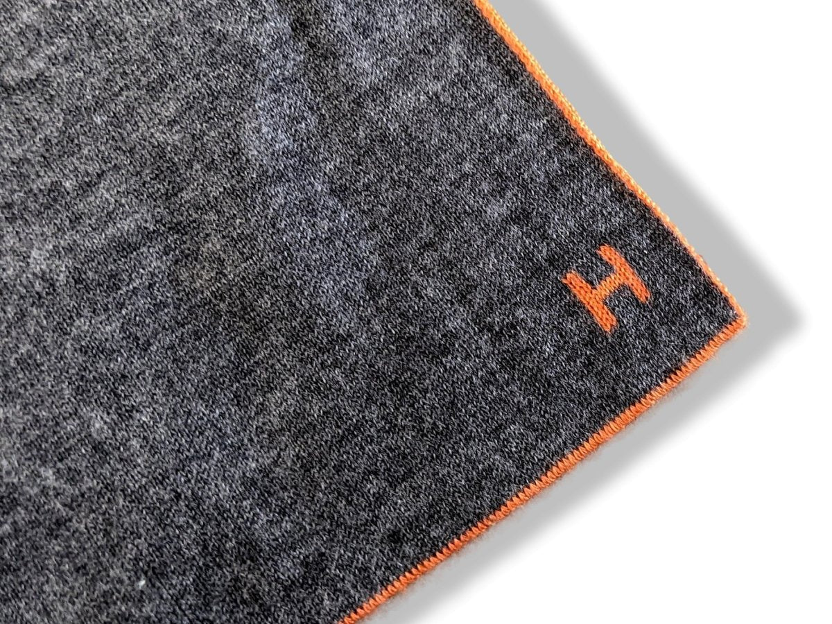 Hermes Unisex Orange/Gris Printed ALLER RETOUR MORS MUFFLER 70% Maille Cashmere Stole 30 x 180 cm, New! - poupishop