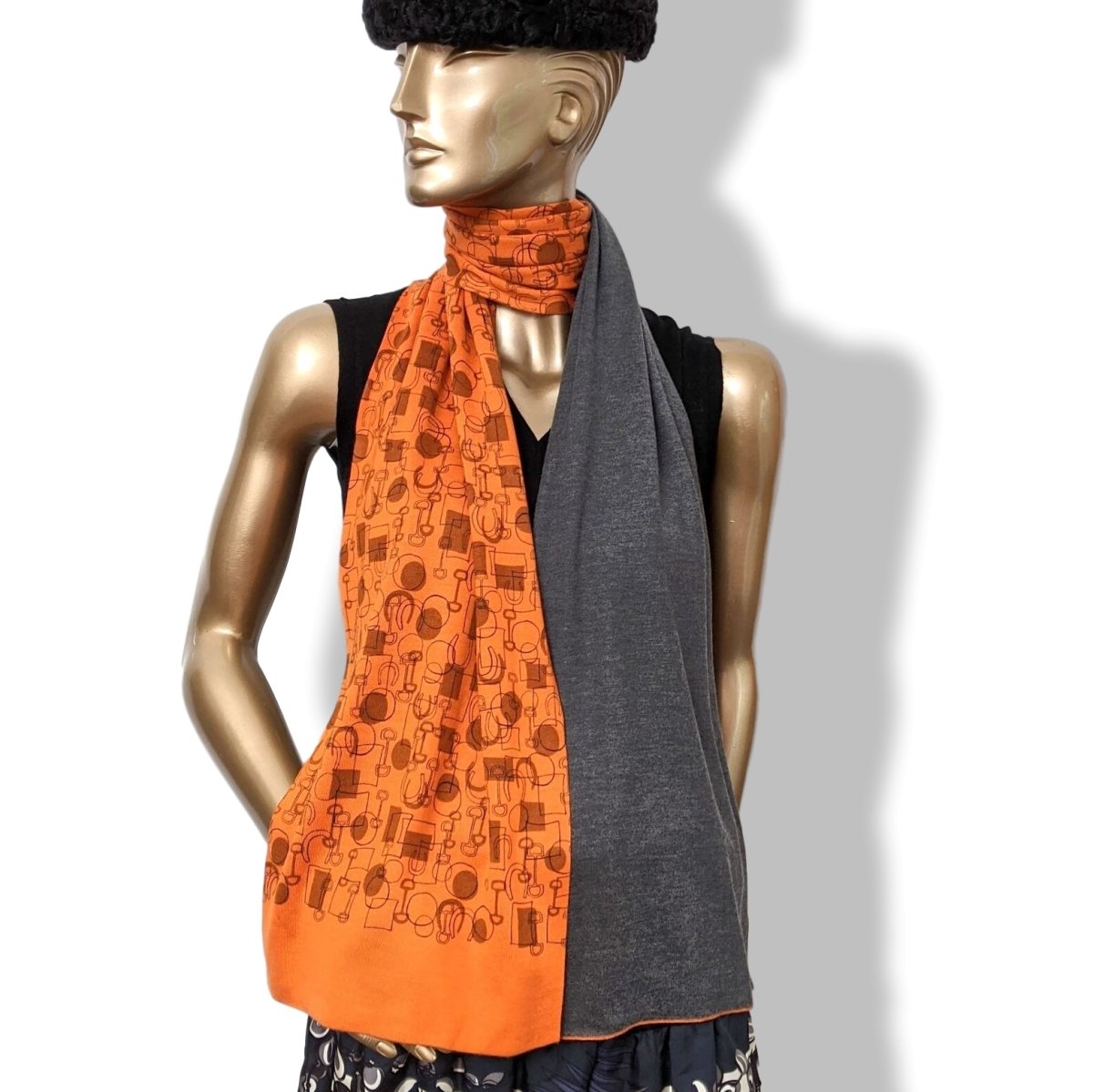 Hermes Unisex Orange/Gris Printed ALLER RETOUR MORS MUFFLER 70% Maille Cashmere Stole 30 x 180 cm, New! - poupishop