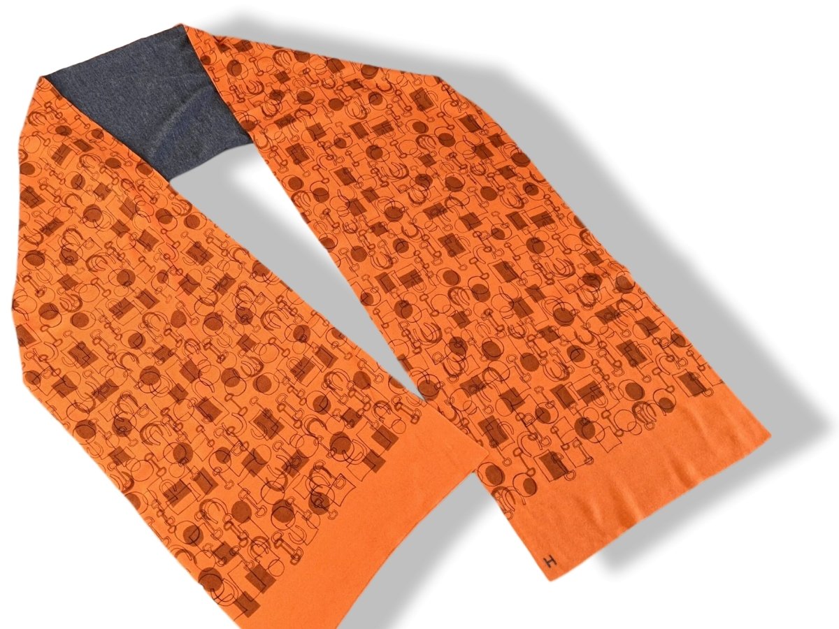 Hermes Unisex Orange/Gris Printed ALLER RETOUR MORS MUFFLER 70% Maille Cashmere Stole 30 x 180 cm, New! - poupishop