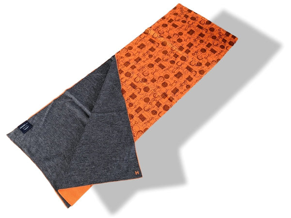 Hermes Unisex Orange/Gris Printed ALLER RETOUR MORS MUFFLER 70% Maille Cashmere Stole 30 x 180 cm, New! - poupishop