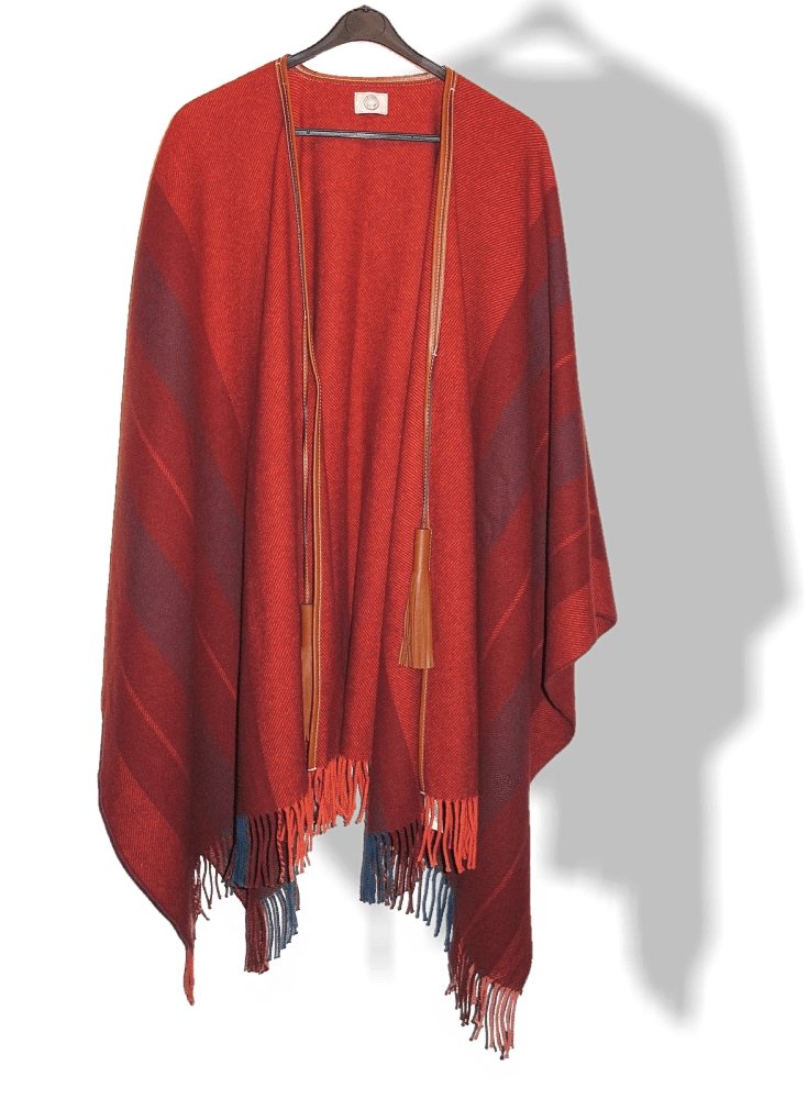 Hermes Unisex Rouge H Rocabar Poncho Fringed Wool & Cashmere with Huge Pompons, New! - poupishop