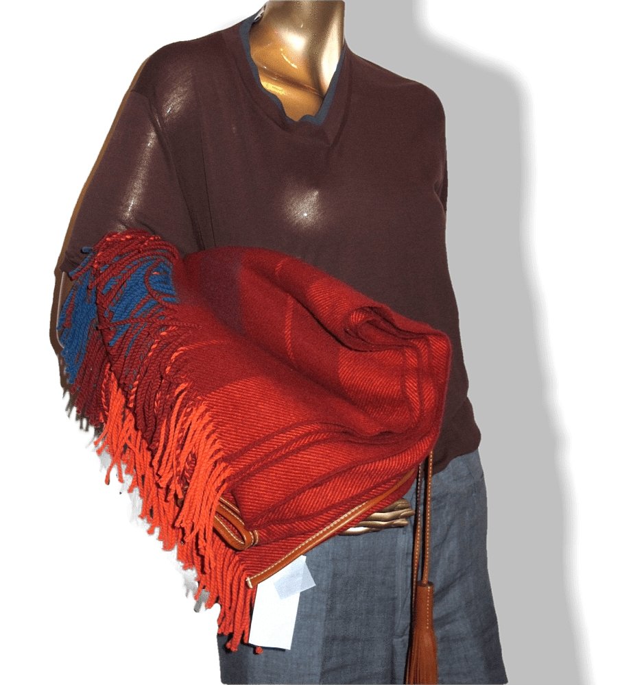 Hermes Unisex Rouge H Rocabar Poncho Fringed Wool & Cashmere with Huge Pompons, New! - poupishop