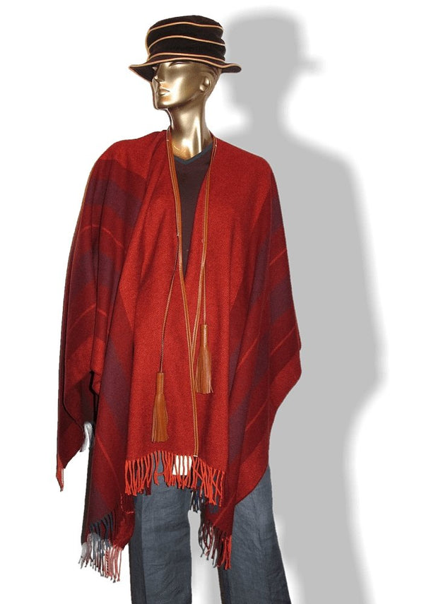Hermes Unisex Rouge H Rocabar Poncho Fringed Wool & Cashmere with Huge Pompons, New! - poupishop