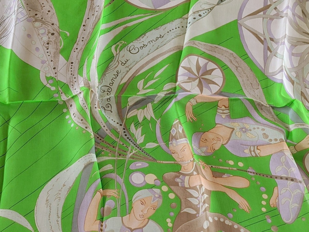 Hermes Vert Vif LA DANSE DU COSMOS by Zoe Pauwels Mousseline Shawl 140, New! - poupishop